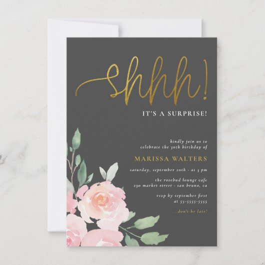 Invitation Gold Script Blush rose & Grey Surprise Party (Devant)