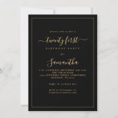 Invitation Gold Script Bordure 21e anniversaire fête Noir (Devant)
