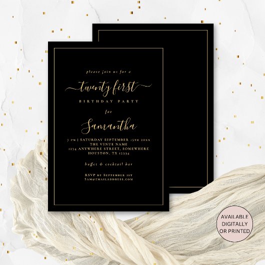 Invitation Gold Script Bordure 21e anniversaire fête Noir