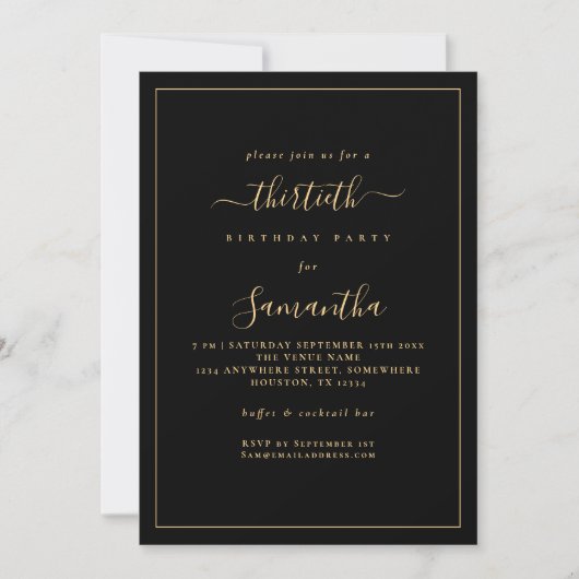 Invitation Gold Script Bordure 30e fête d'anniversaire Noir (Devant)