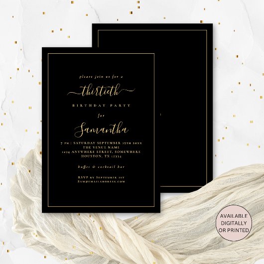 Invitation Gold Script Bordure 30e fête d'anniversaire Noir