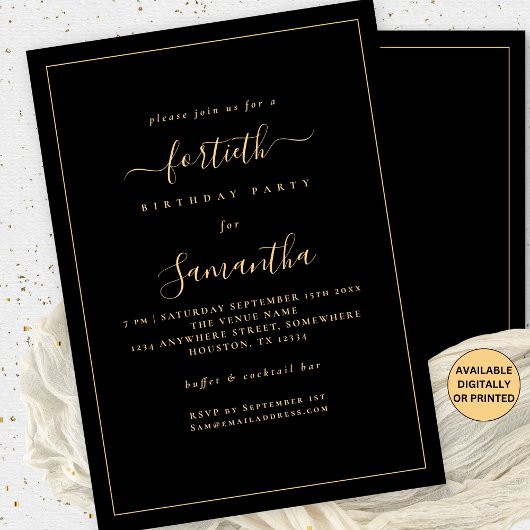 Invitation Gold Script Bordure 40e anniversaire fête Noir