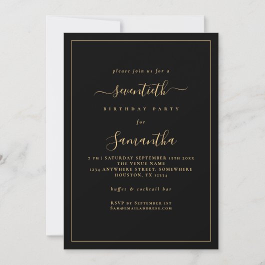 Invitation Gold Script Bordure 70e fête d'anniversaire noir (Devant)