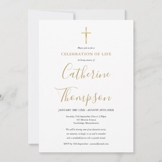Invitation Gold Script Célébration de la vie funéraire (Devant)