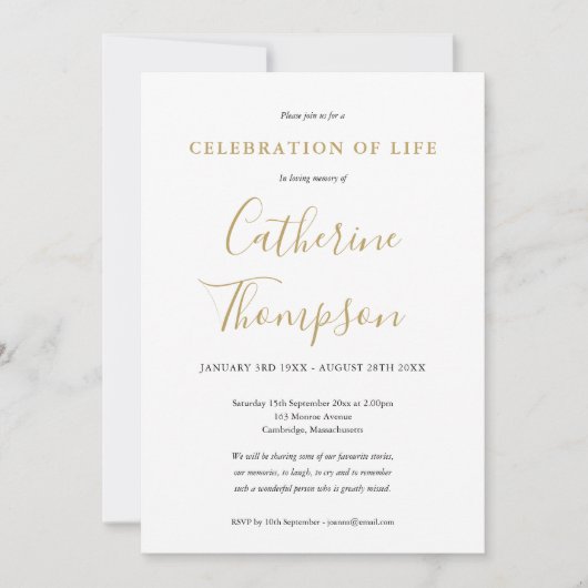Invitation Gold Script Célébration De La Vie Funéraire (Devant)
