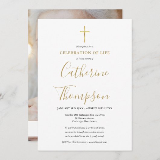 Invitation Gold Script Celebration of Life Photo Funeral  (Devant / Derrière)