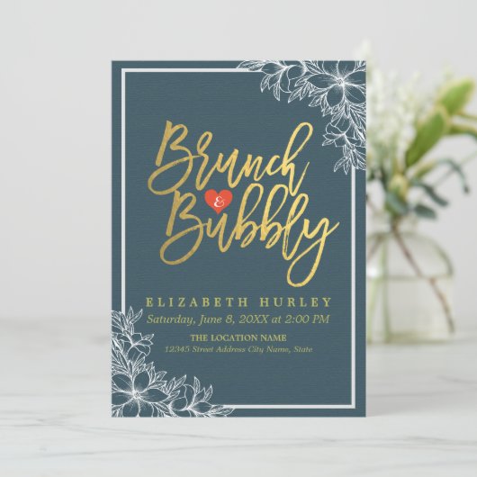 Invitation Gold Script Floral Brunch Fête des mariées Bubbly (Debout devant)