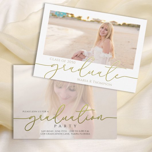 Invitation Gold Script Graduation Photo Elegant Personnalisé