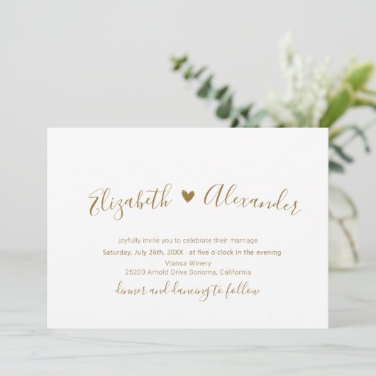 Invitation Gold Script Heart All in One QR Code Mariage (Debout devant)
