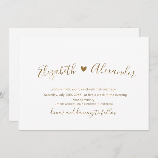 Invitation Gold Script Heart All in One QR Code Mariage (Devant / Derrière)