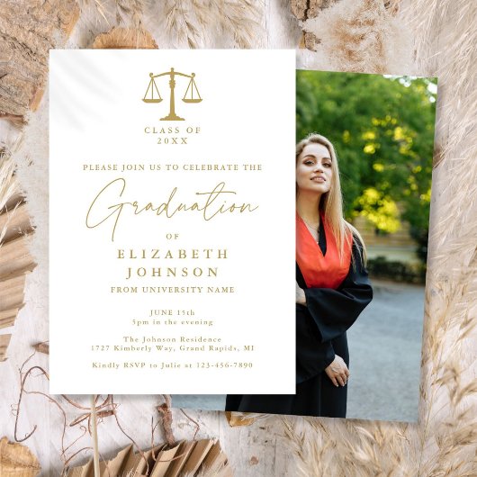 Invitation Gold Script Law School Photo Graduation Party