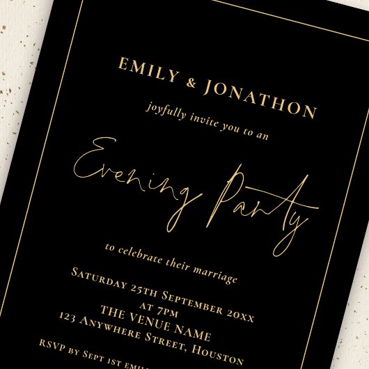 Invitation Gold Script Line mariage Black Evening Party