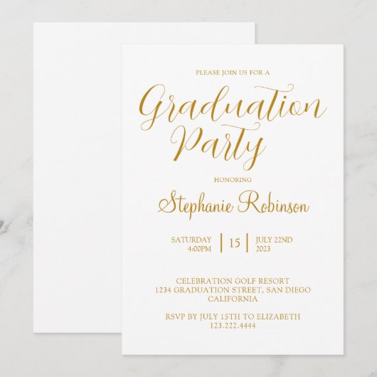 Invitation Gold Script Moderne Calligraphie Partie de Graduat (Devant / Derrière)