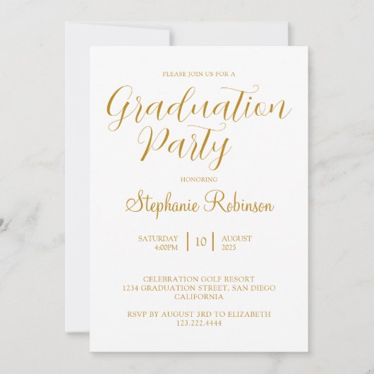 Invitation Gold Script Moderne Calligraphie Partie de Graduat (Devant)
