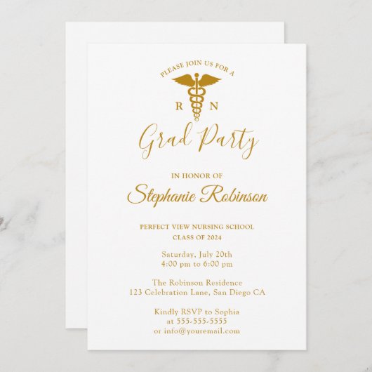 Invitation Gold Script Nursing School Graduation Moderne (Devant / Derrière)