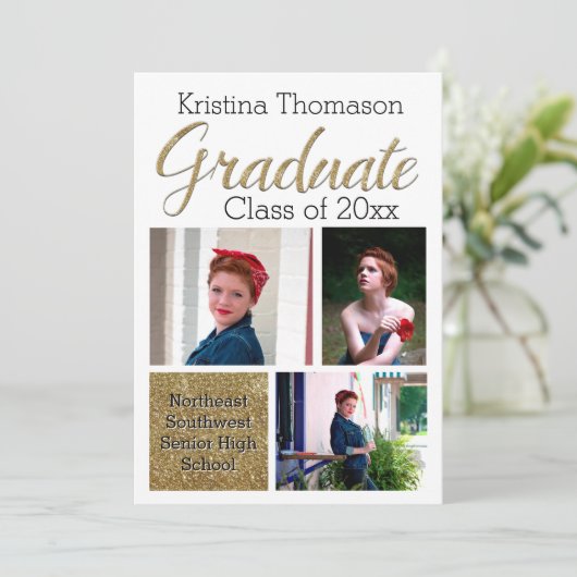 Invitation Gold Script Photo Collage Lycée Graduation (Debout devant)
