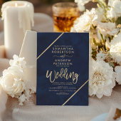 Invitation Gold script rayures marine bleu aquarelle mariage