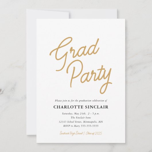 Invitation Gold Script Simple Budget Grad Party (Devant)