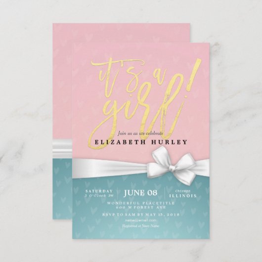 Invitation Gold Script White Ruban bleu rose Baby shower (Devant / Derrière)