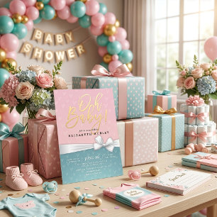 Invitation Gold Script White Ruban bleu rose Baby shower