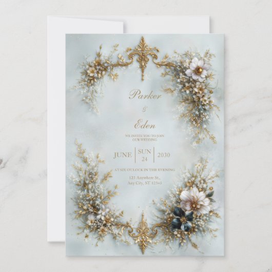 Invitation Gold Scroll Frame White Floral Dusty Blue Wedding (Devant)