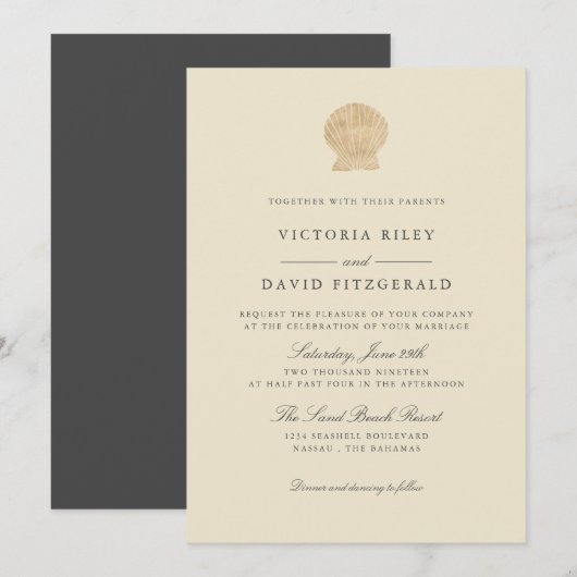 Invitation Gold Seashell Elegant Ocean Beach mariage (Devant / Derrière)