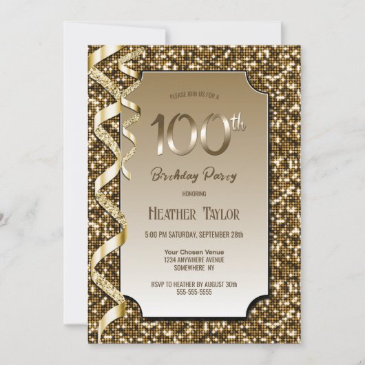 Invitation Gold Sequins 100e fête d'anniversaire (Devant)