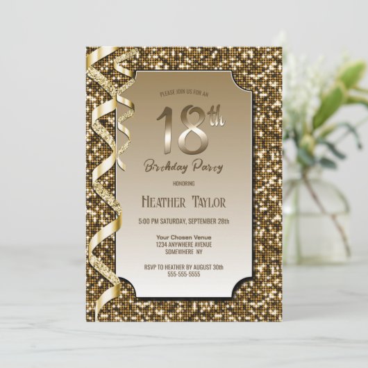 Invitation Gold Sequins 18e fête d'anniversaire (Debout devant)