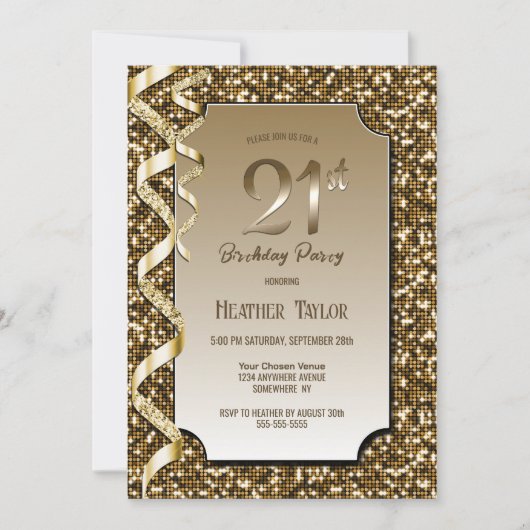 Invitation Gold Sequins 21e fête d'anniversaire (Devant)