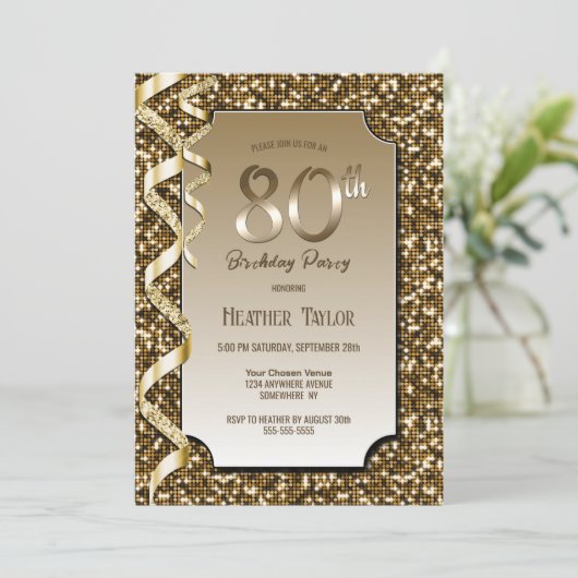 Invitation Gold Sequins 80e fête d'anniversaire (Debout devant)