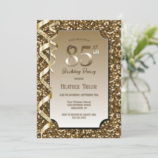 Invitation Gold Sequins 85e fête d'anniversaire (Debout devant)