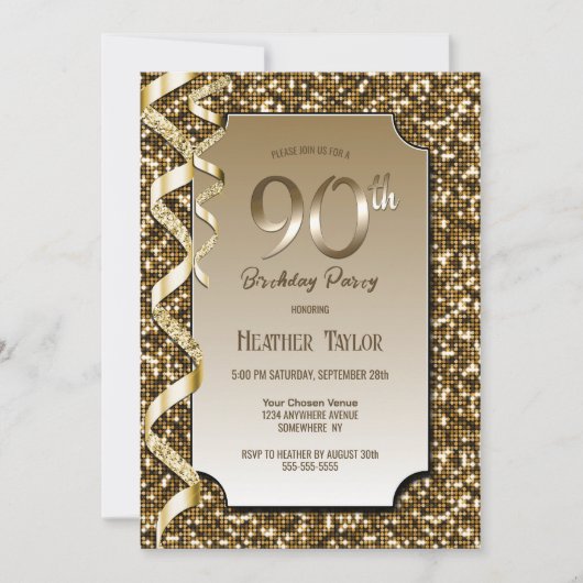 Invitation Gold Sequins 90e fête d'anniversaire (Devant)