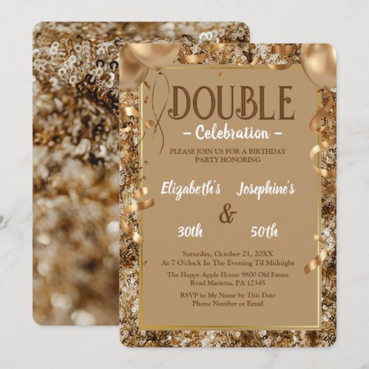 Invitation Gold Sequins Adult double Joint Birthday Party (Devant / Derrière)