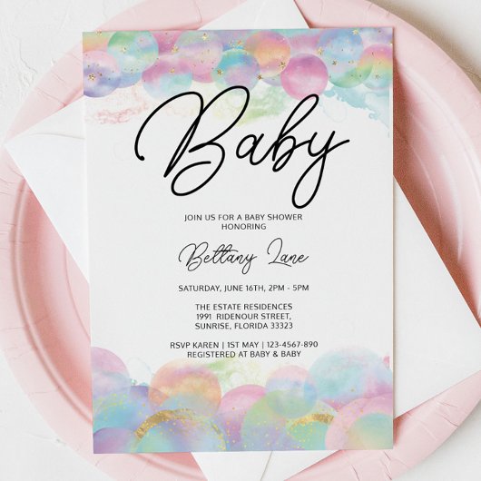 Invitation Gold Shimmer et bulle Rainbow 1er Baby shower