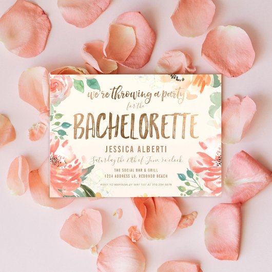 Invitation Gold Shimmer Floral Aquarelle Bachelorette Party