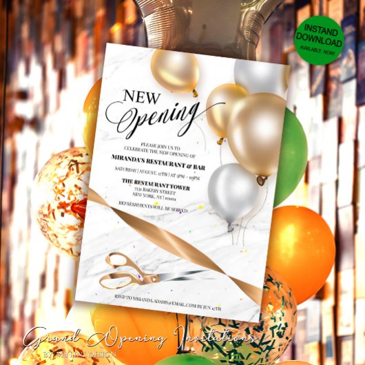Invitation Gold Silver Balloons Restaurant NOUVELLE Ouverture