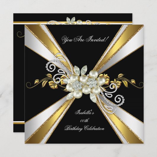 Invitation Gold Silver Black White Diamond Pearl Anniversaire (Devant / Derrière)