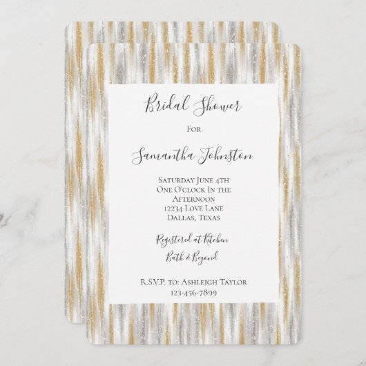 Invitation Gold Silver Chic Glam Glitzy Stripes Bridal Shower (Devant / Derrière)