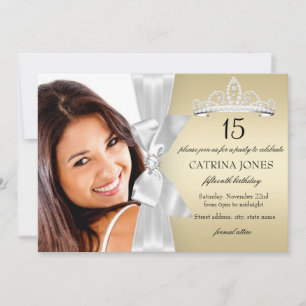Invitation Gold Silver Diamond Bow & Tiara Quinceanera Invita