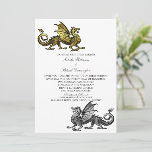 Invitation Gold Silver Medieval Dragon Wedding (Debout devant)
