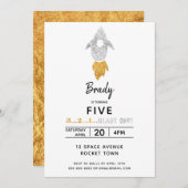 Invitation Gold Silver Rocket Ship Espace Extérieur Anniversa (Devant / Derrière)