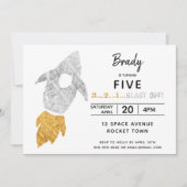 Invitation Gold Silver Rocket Ship Espace Extérieur Anniversa (Devant)