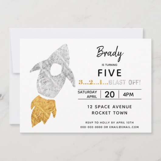 Invitation Gold Silver Rocket Ship Espace Extérieur Anniversa (Devant)