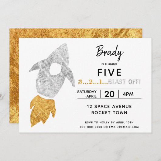 Invitation Gold Silver Rocket Ship Espace Extérieur Anniversa (Devant / Derrière)