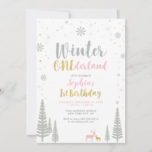 Invitation Gold & Silver Winter onederland 1ère fête d'annive (Devant)