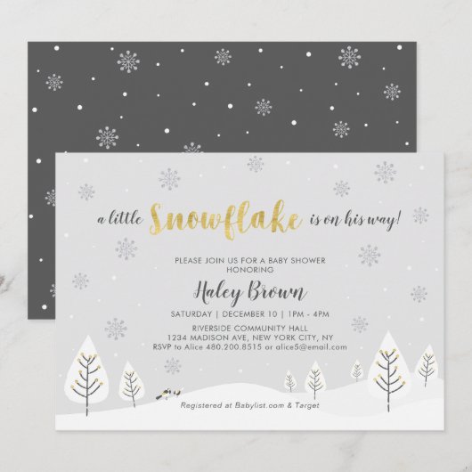 Invitation Gold & Silver Winter Wonderland Boy Baby shower (Devant / Derrière)