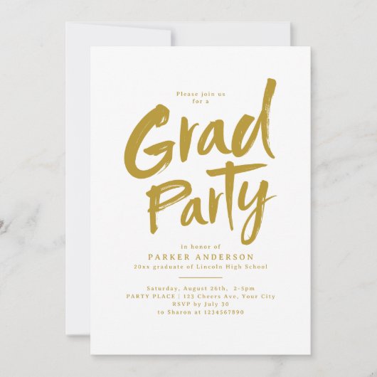 Invitation Gold Simple Moderne Brush Script Grad Party (Devant)