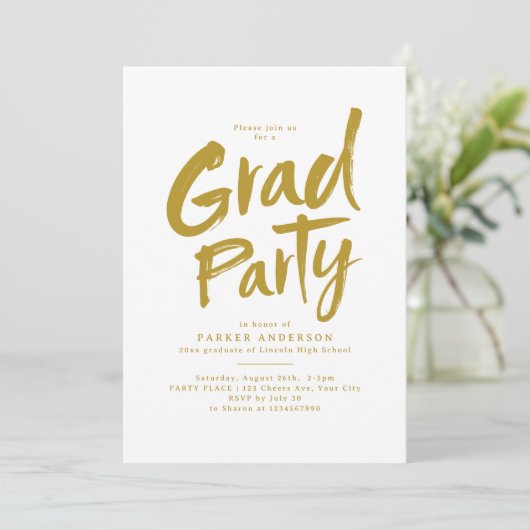 Invitation Gold Simple Moderne Brush Script Grad Party (Debout devant)