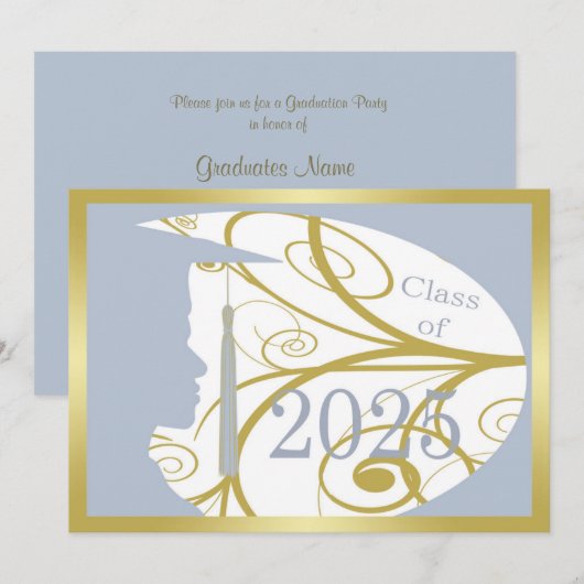 Invitation Gold/Sky Blue Man Silhouette 2025 Graduation Party (Devant / Derrière)