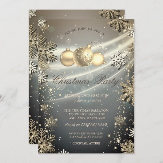 Invitation Gold Snowflakes Balls Shiny Company Party I (Devant / Derrière)